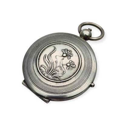 Guardapelo Art Nouveau antiguo de plata 800 con doble portarretrato, grabado floral y piedra rosa, ca. 1900