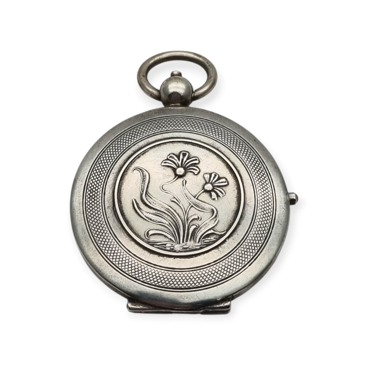 Guardapelo Art Nouveau antiguo de plata 800 con doble portarretrato, grabado floral y piedra rosa, ca. 1900