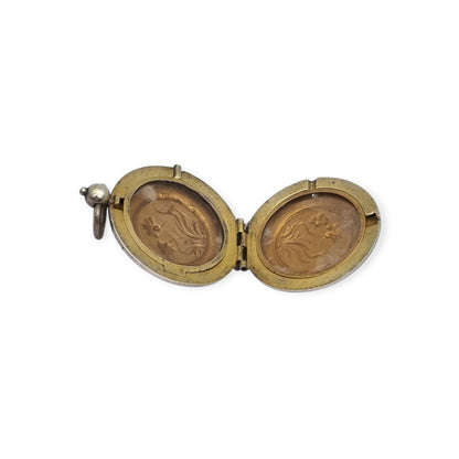 Guardapelo Art Nouveau antiguo de plata 800 con doble portarretrato, grabado floral y piedra rosa, ca. 1900