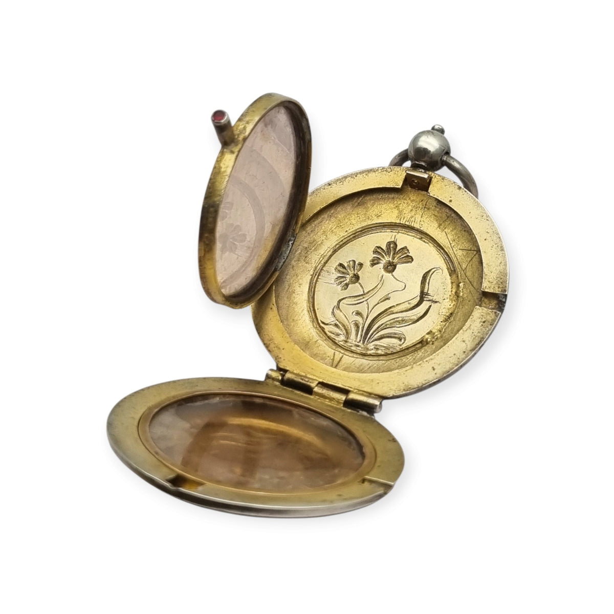 Guardapelo Art Nouveau antiguo de plata 800 con doble portarretrato, grabado floral y piedra rosa, ca. 1900