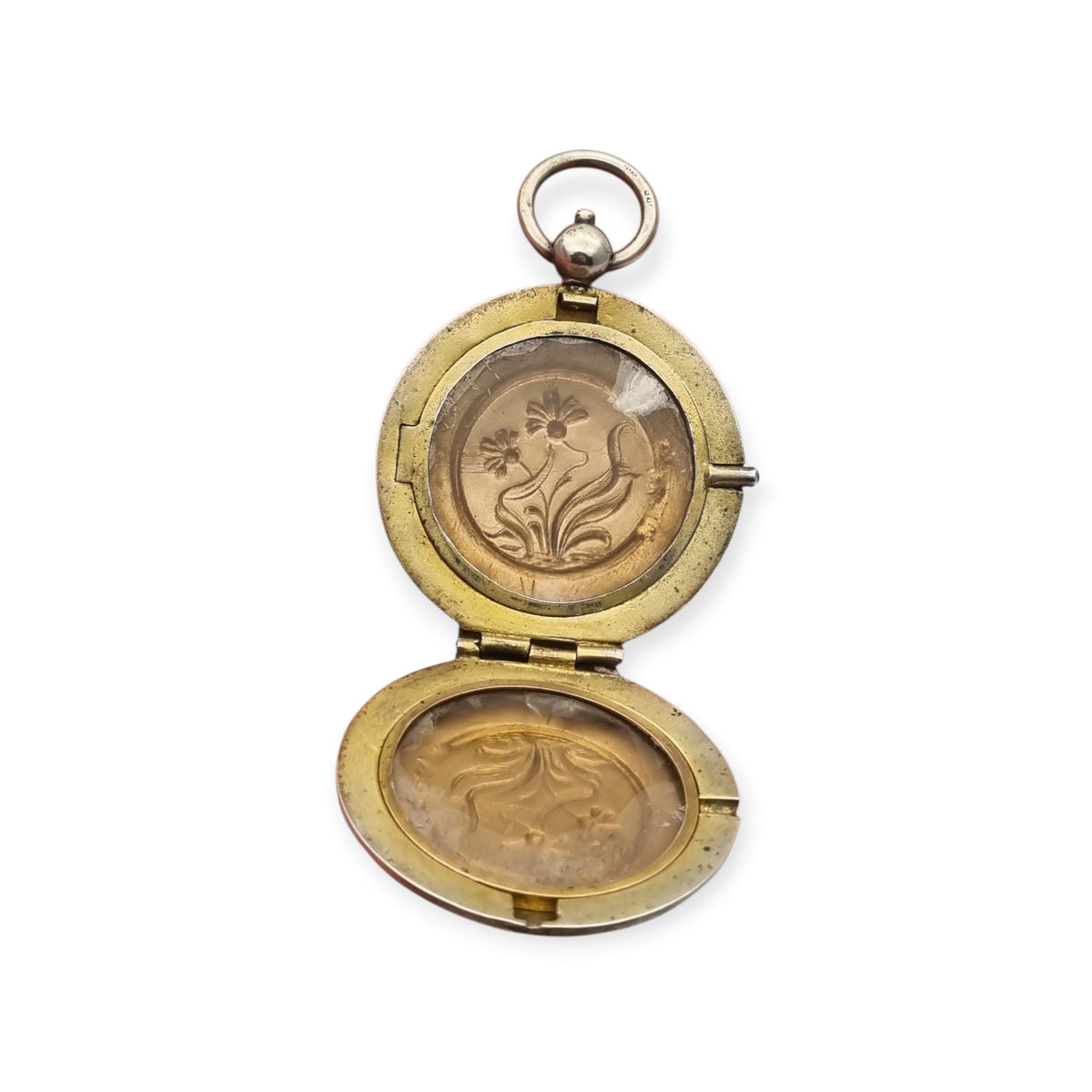 Guardapelo Art Nouveau antiguo de plata 800 con doble portarretrato, grabado floral y piedra rosa, ca. 1900