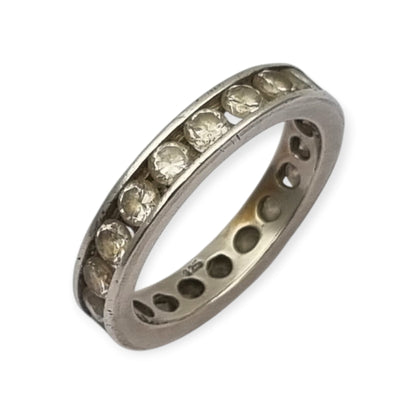 Anillo vintage eternity de plata con circonitas en carril, alianza completa, años 80