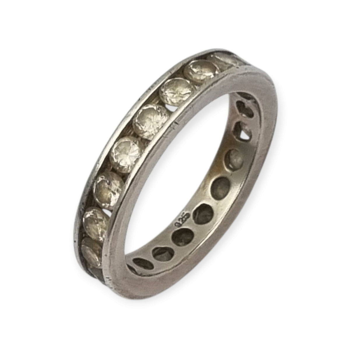 Anillo vintage eternity de plata con circonitas en carril, alianza completa, años 80
