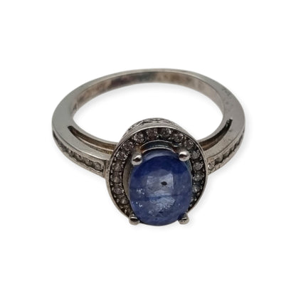 Vintage 925 sterling silver ring with blue stone, Diana style with halo, circa 1990-2000