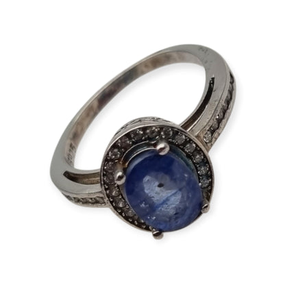 Vintage 925 sterling silver ring with blue stone, Diana style with halo, circa 1990-2000