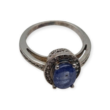 Vintage 925 sterling silver ring with blue stone, Diana style with halo, circa 1990-2000
