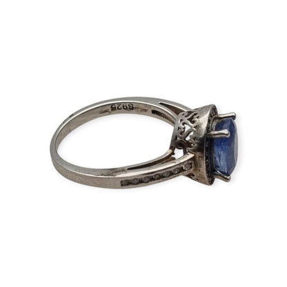 Vintage 925 sterling silver ring with blue stone, Diana style with halo, circa 1990-2000