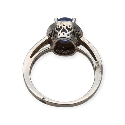 Vintage 925 sterling silver ring with blue stone, Diana style with halo, circa 1990-2000