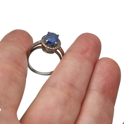 Vintage 925 sterling silver ring with blue stone, Diana style with halo, circa 1990-2000