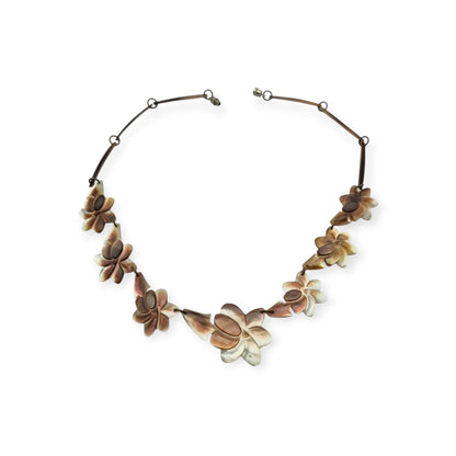 Vintage floral mother-of-pearl necklace, Mid-Century artisan jewelry, circa 1950-1970