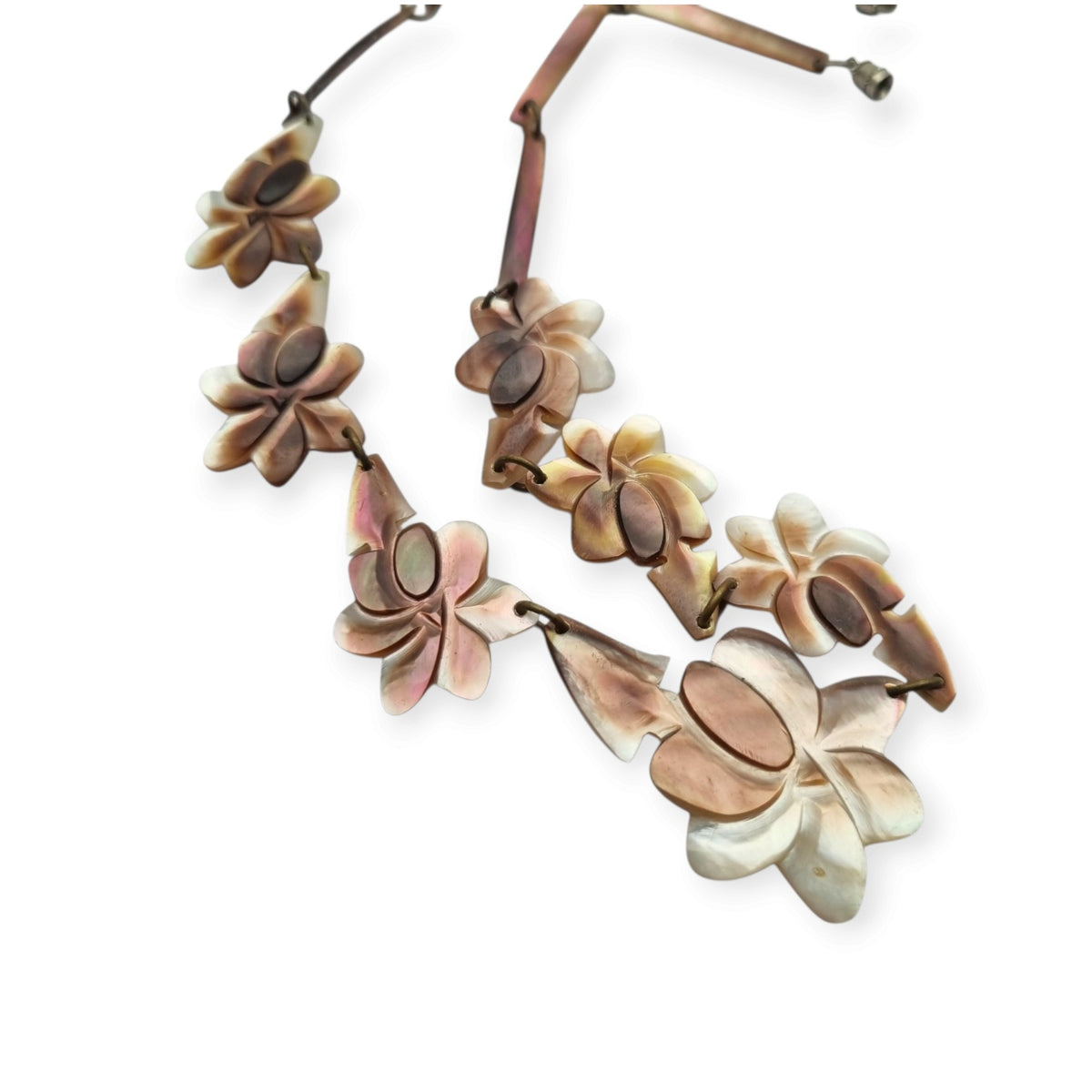 Vintage floral mother-of-pearl necklace, Mid-Century artisan jewelry, circa 1950-1970