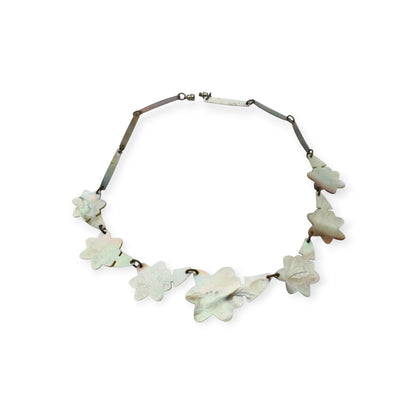 Vintage floral mother-of-pearl necklace, Mid-Century artisan jewelry, circa 1950-1970