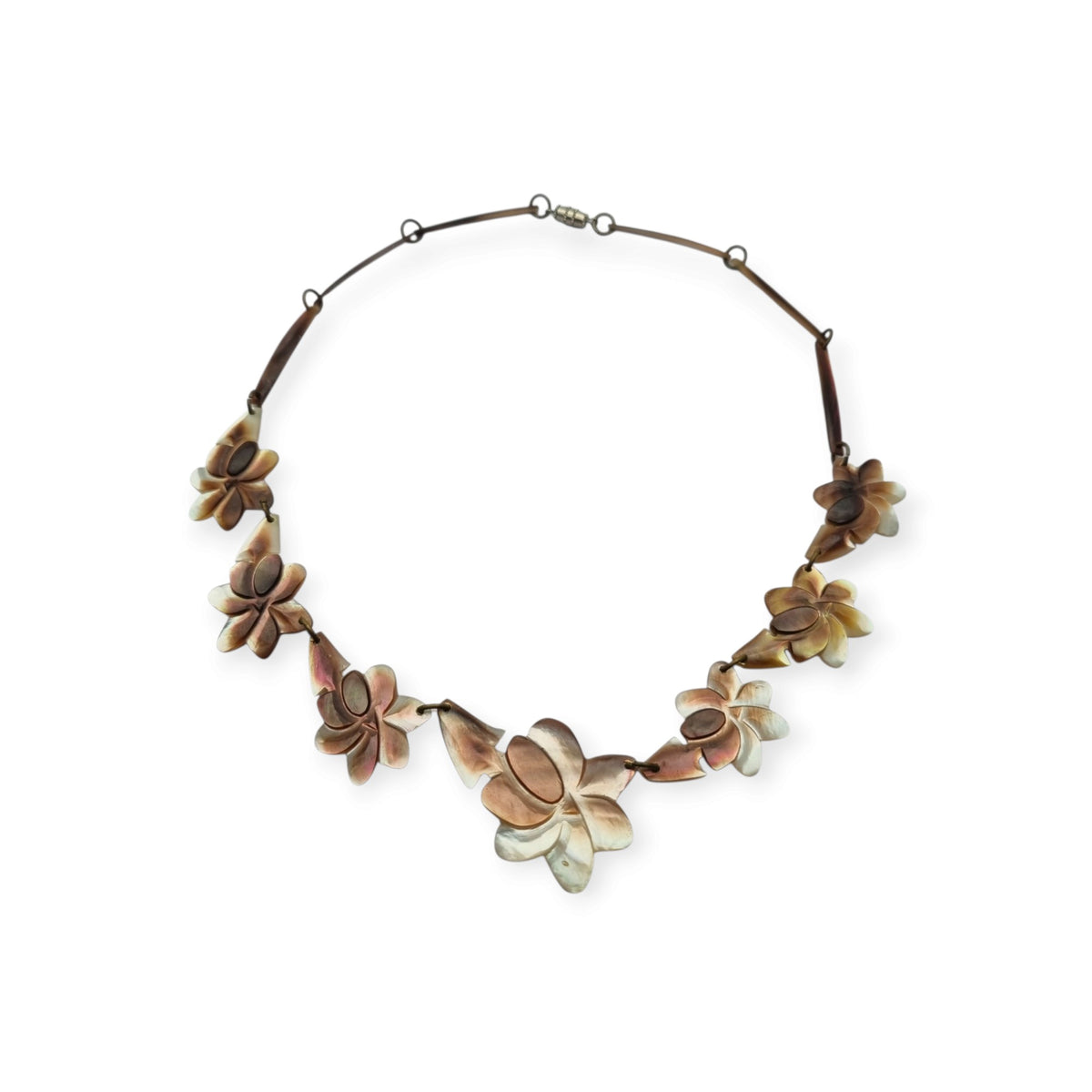 Vintage floral mother-of-pearl necklace, Mid-Century artisan jewelry, circa 1950-1970