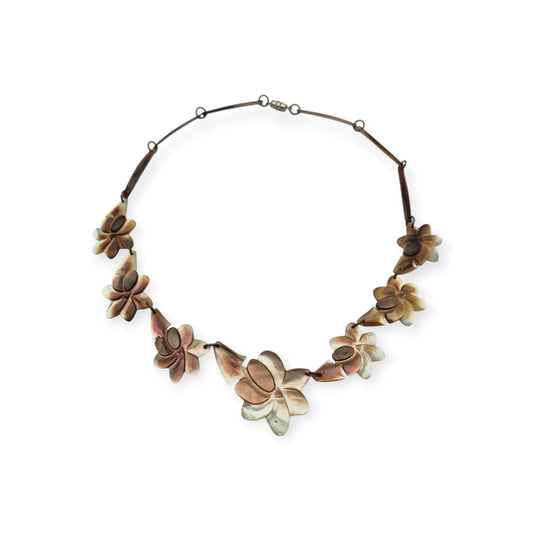 Vintage floral mother-of-pearl necklace, Mid-Century artisan jewelry, circa 1950-1970
