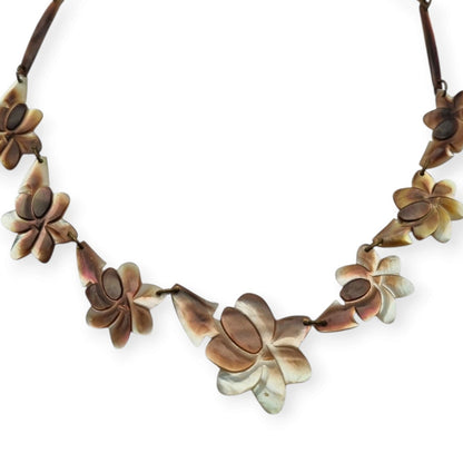 Vintage floral mother-of-pearl necklace, Mid-Century artisan jewelry, circa 1950-1970