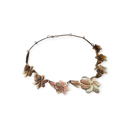 Vintage floral mother-of-pearl necklace, Mid-Century artisan jewelry, circa 1950-1970