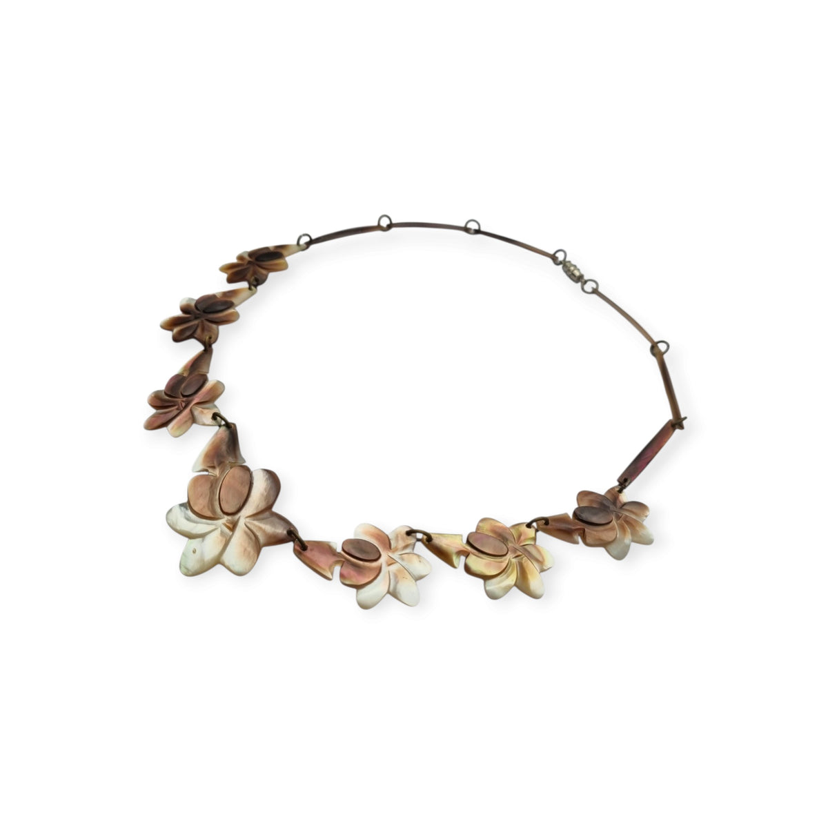 Vintage floral mother-of-pearl necklace, Mid-Century artisan jewelry, circa 1950-1970