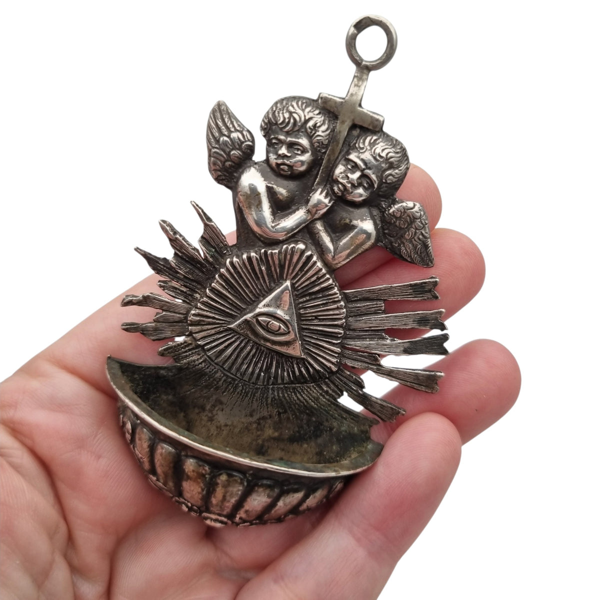 Benditera antigua Ojo de la Providencia de Simon Rosenau en plata 800, Alemania ca. 1890-1910