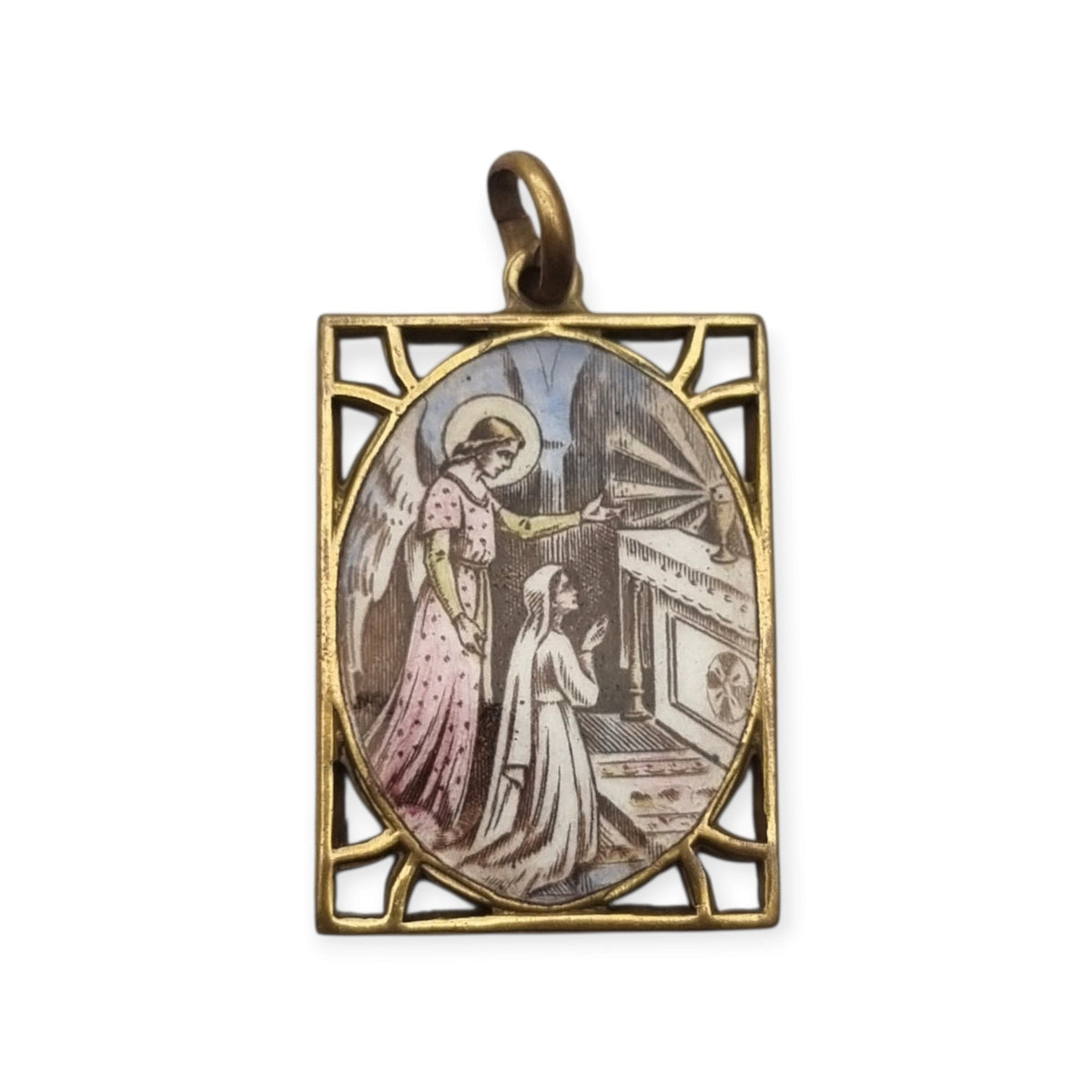 Medalla religiosa antigua esmaltada con Ángel de la Guarda, estilo Art Déco, circa 1920-1930