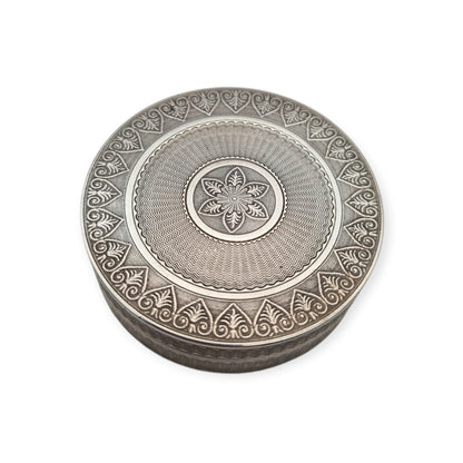 Caja Belle Epoque redonda francesa de plata guilloché de Albert Deflon, París, 1907–1920