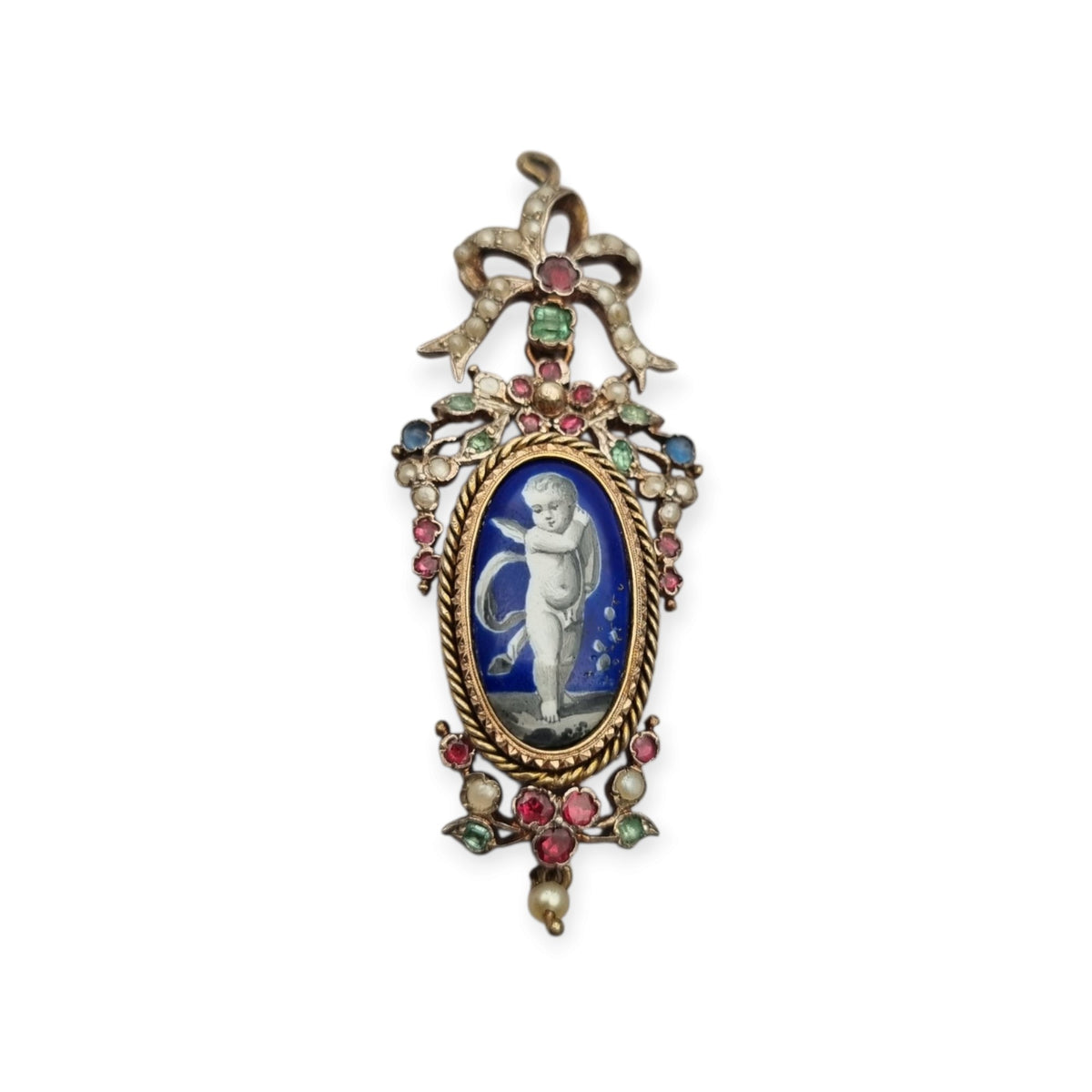 Antique winged cherub pendant in Gilt Silver with Enamel, Pearls, and Gems, ca. 18 70–1890