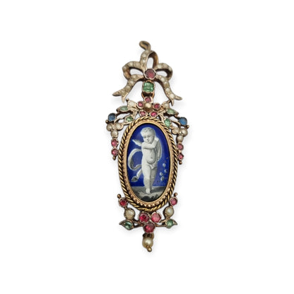 Antique winged cherub pendant in Gilt Silver with Enamel, Pearls, and Gems, ca. 18 70–1890