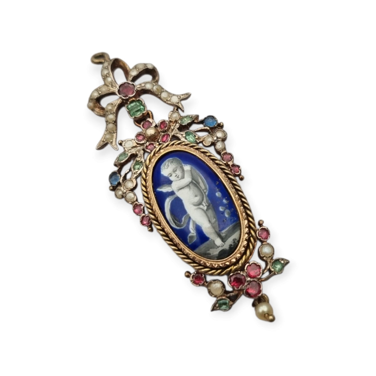 Antique winged cherub pendant in Gilt Silver with Enamel, Pearls, and Gems, ca. 18 70–1890