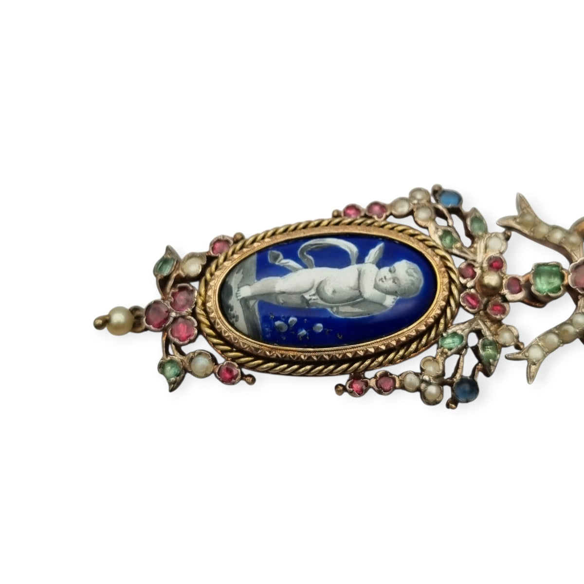 Antique winged cherub pendant in Gilt Silver with Enamel, Pearls, and Gems, ca. 18 70–1890