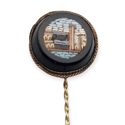 Antique Italian Grand Tour Micro-mosaic Pin on Black Glass, ca. 1880–1910