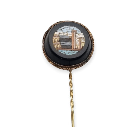 Antique Italian Grand Tour Micro-mosaic Pin on Black Glass, ca. 1880–1910
