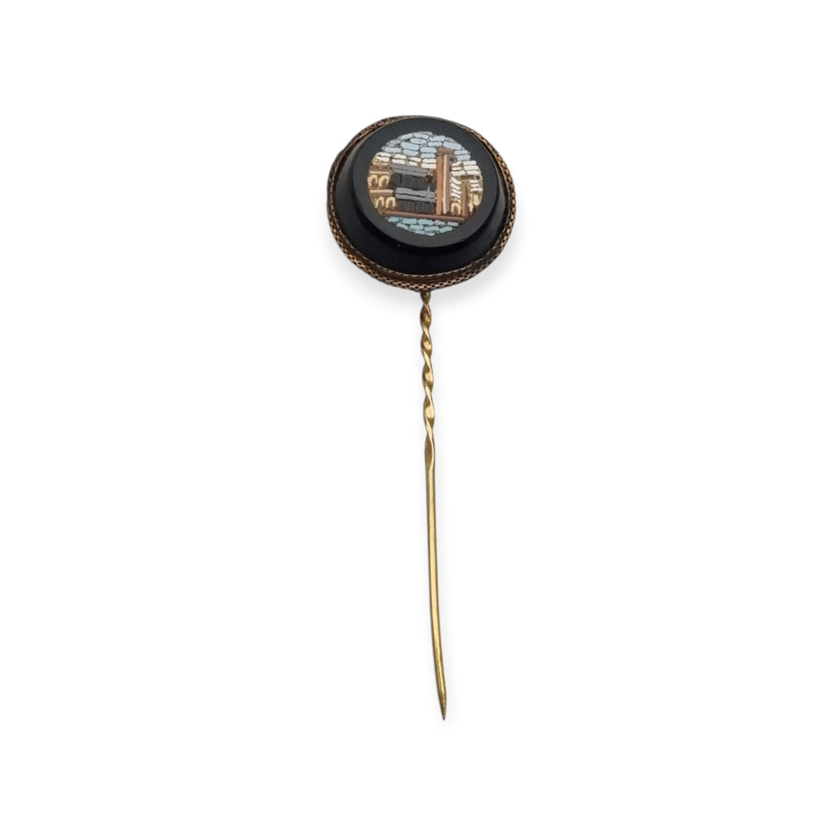Antique Italian Grand Tour Micro-mosaic Pin on Black Glass, ca. 1880–1910