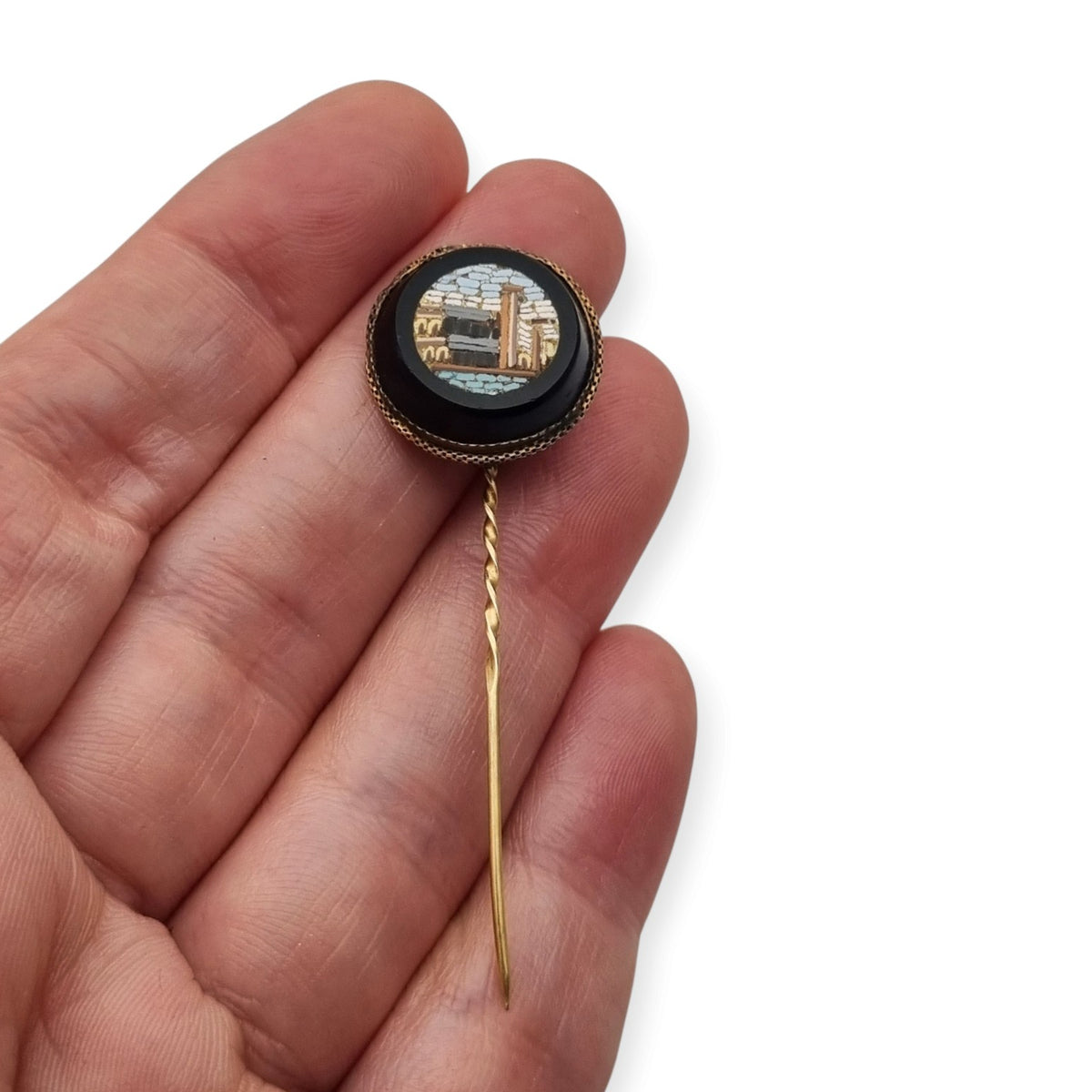 Antique Italian Grand Tour Micro-mosaic Pin on Black Glass, ca. 1880–1910