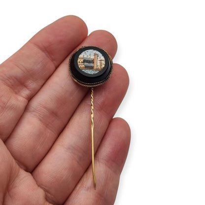 Antique Italian Grand Tour Micro-mosaic Pin on Black Glass, ca. 1880–1910