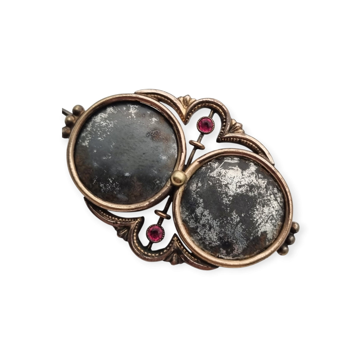 Antique Victorian Gold Double Photo Locket Brooch, Hair Jewelry with Red Stones, ca. 1870–1890