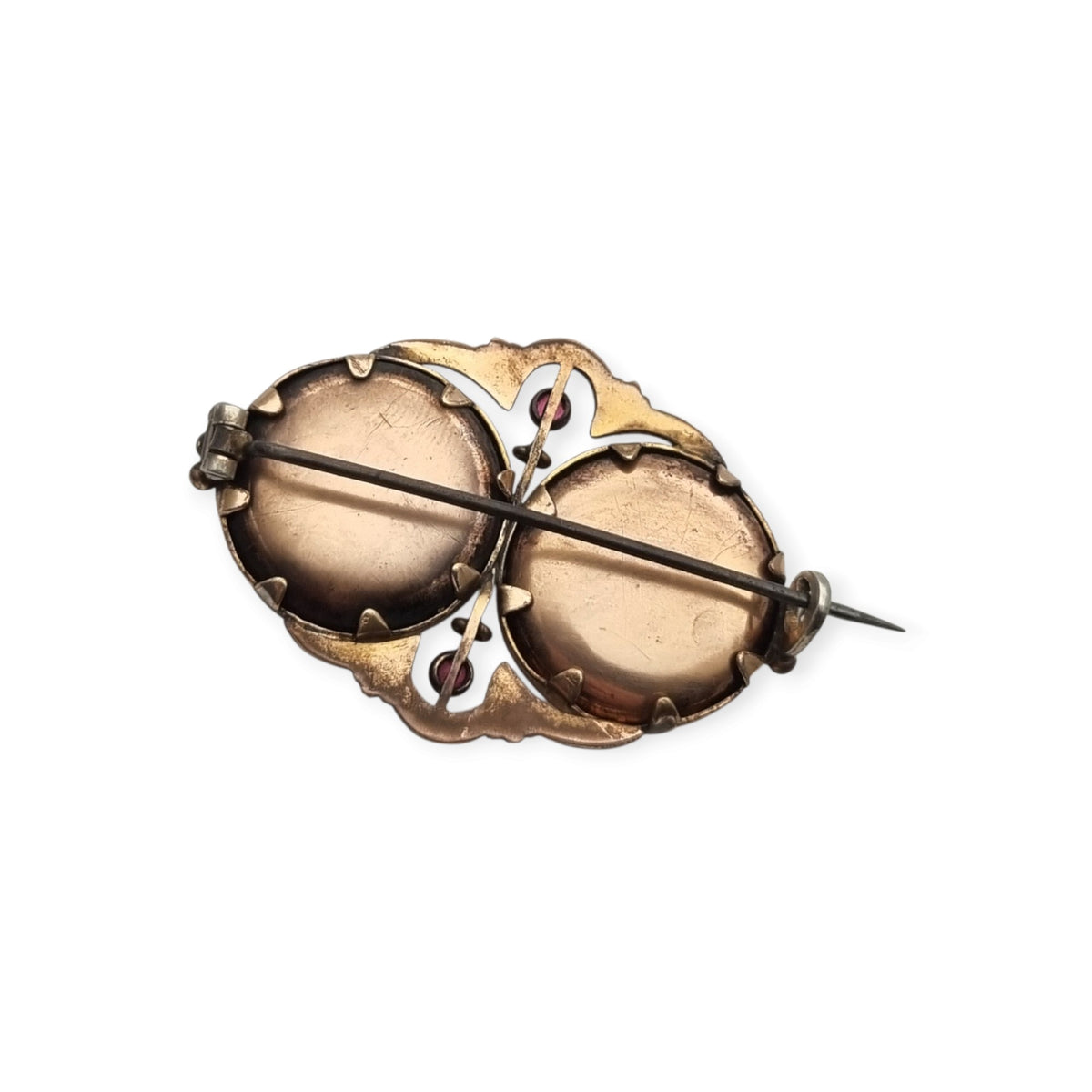 Antique Victorian Gold Double Photo Locket Brooch, Hair Jewelry with Red Stones, ca. 1870–1890