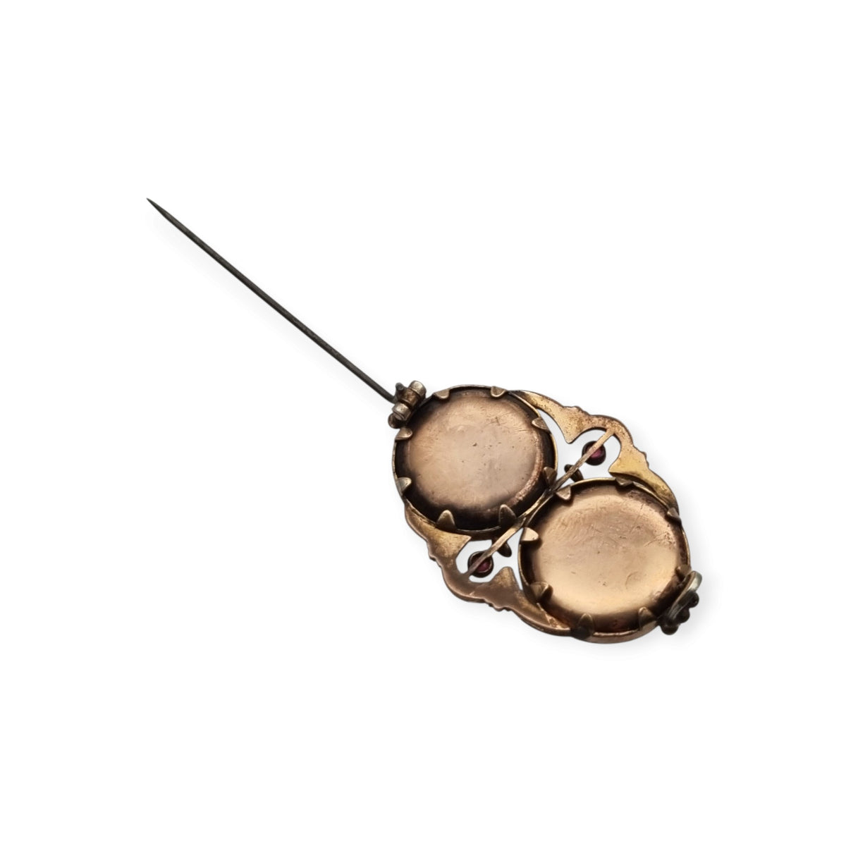 Antique Victorian Gold Double Photo Locket Brooch, Hair Jewelry with Red Stones, ca. 1870–1890