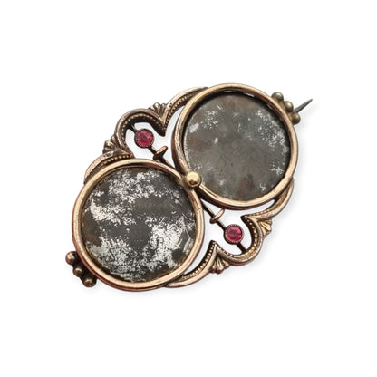 Antique Victorian Gold Double Photo Locket Brooch, Hair Jewelry with Red Stones, ca. 1870–1890