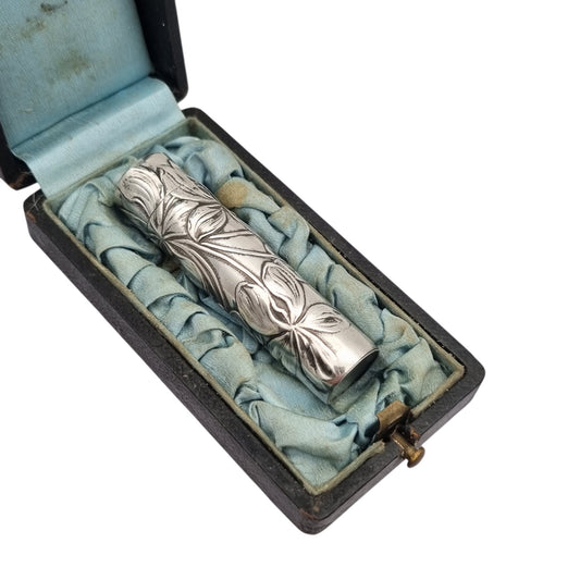 Antique Art Nouveau Silver Perfume Bottle with Floral Decoration in its Case, circa 1900