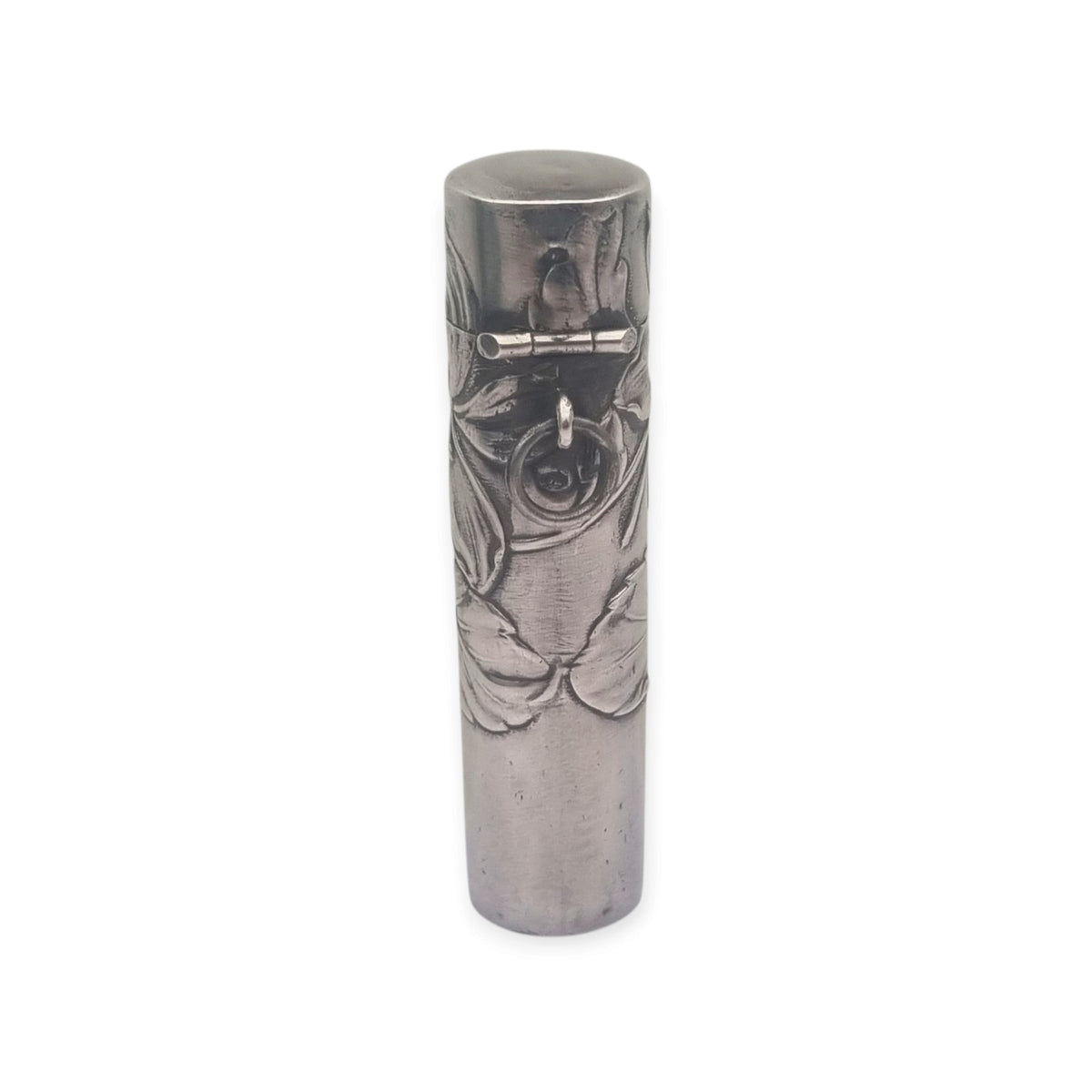 Perfumero Antiguo Art Nouveau de Plata con Decoración Floral en su Estuche, circa 1900