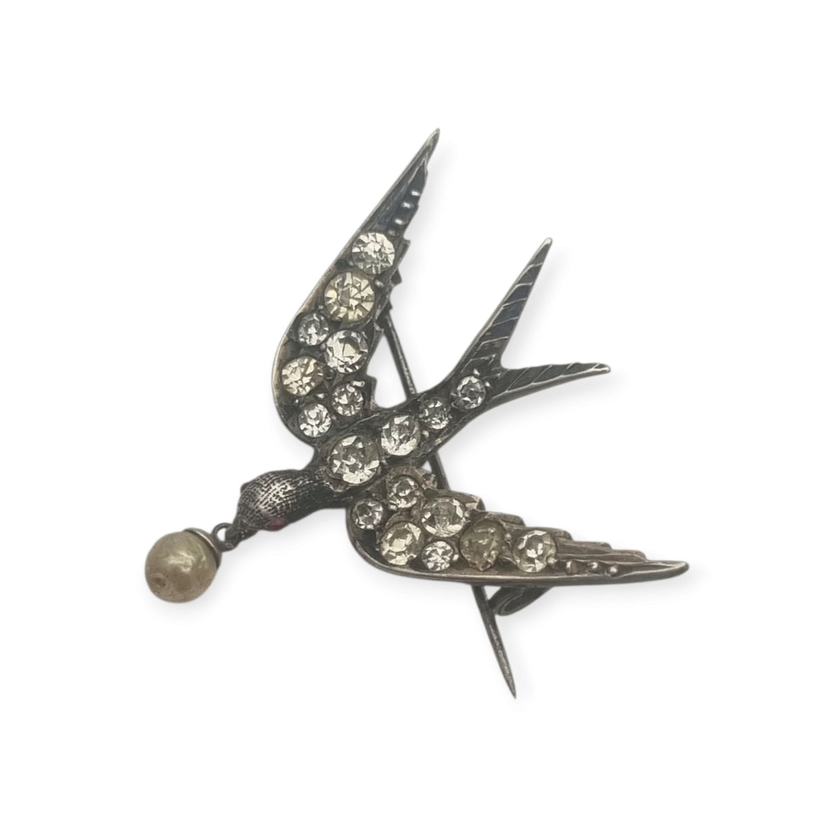 Antique Victorian Sentimental Silver Swallow Brooch with Paste and Pearl, circa 1900