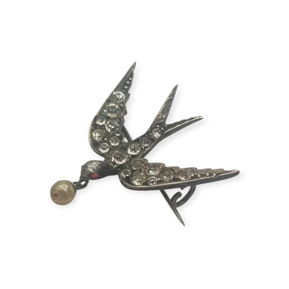 Antique Victorian Sentimental Silver Swallow Brooch with Paste and Pearl, circa 1900