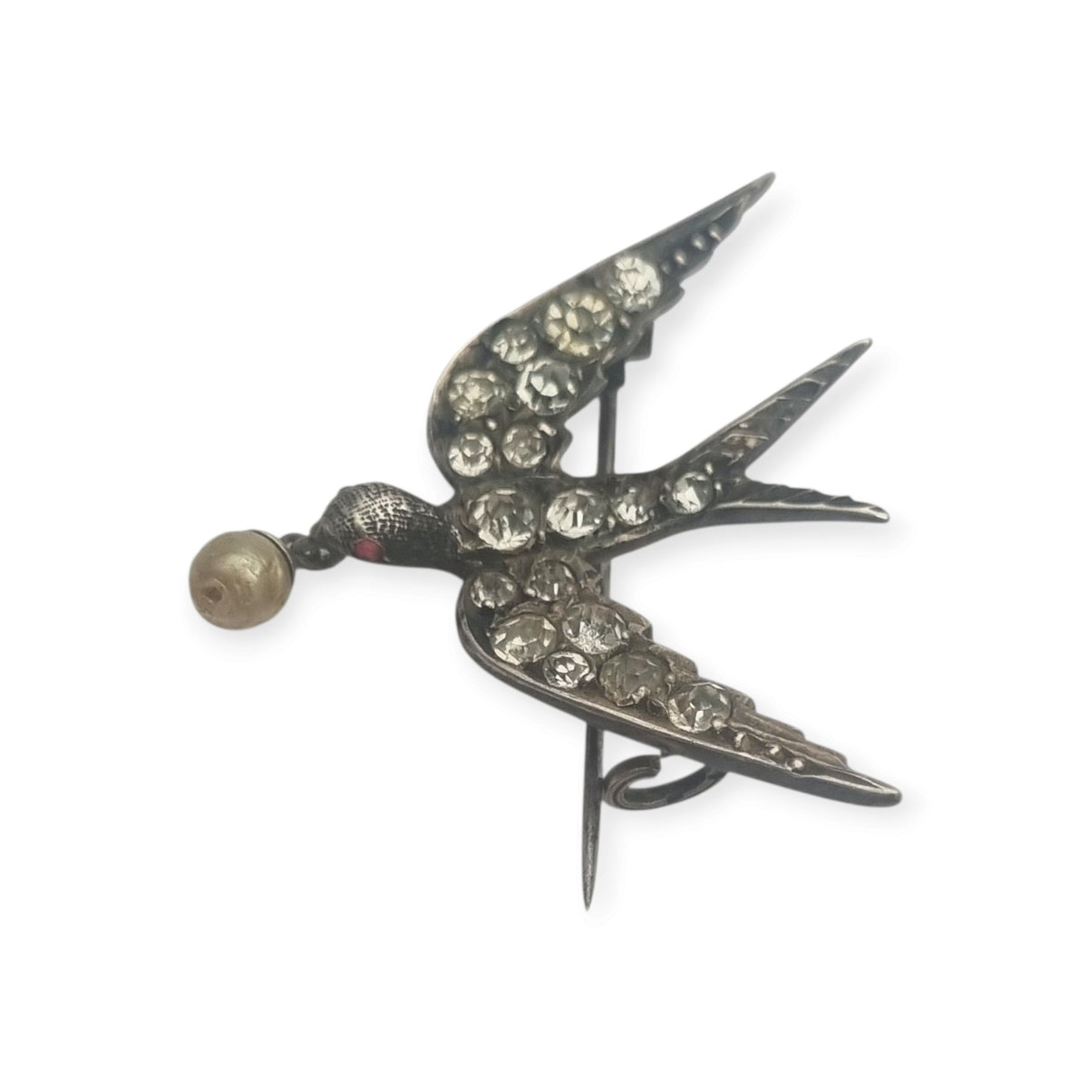 Antique Victorian Sentimental Silver Swallow Brooch with Paste and Pearl, circa 1900