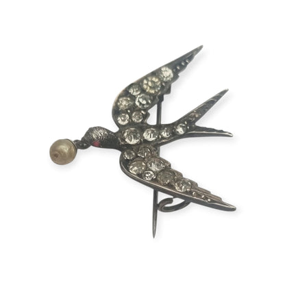 Antique Victorian Sentimental Silver Swallow Brooch with Paste and Pearl, circa 1900