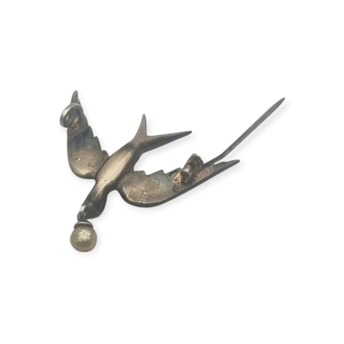 Antique Victorian Sentimental Silver Swallow Brooch with Paste and Pearl, circa 1900