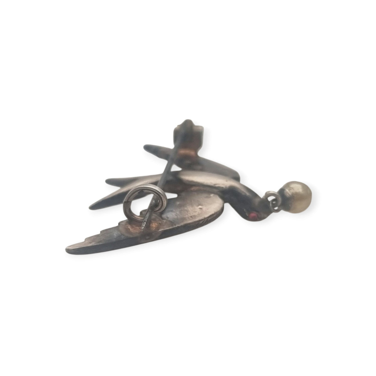 Antique Victorian Sentimental Silver Swallow Brooch with Paste and Pearl, circa 1900