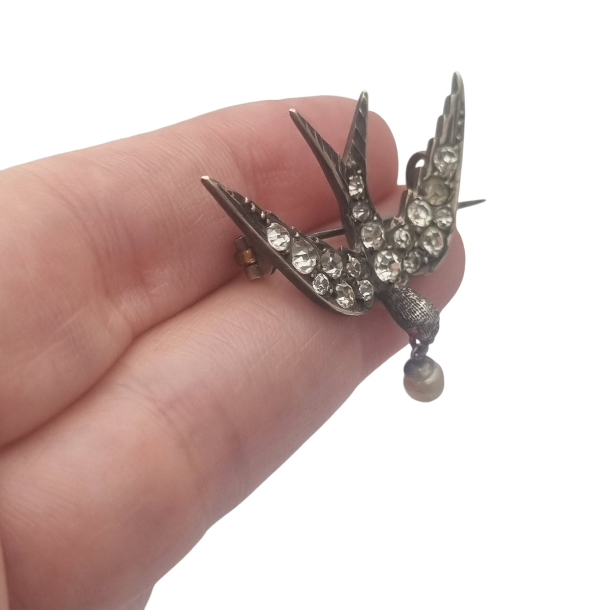 Antique Victorian Sentimental Silver Swallow Brooch with Paste and Pearl, circa 1900