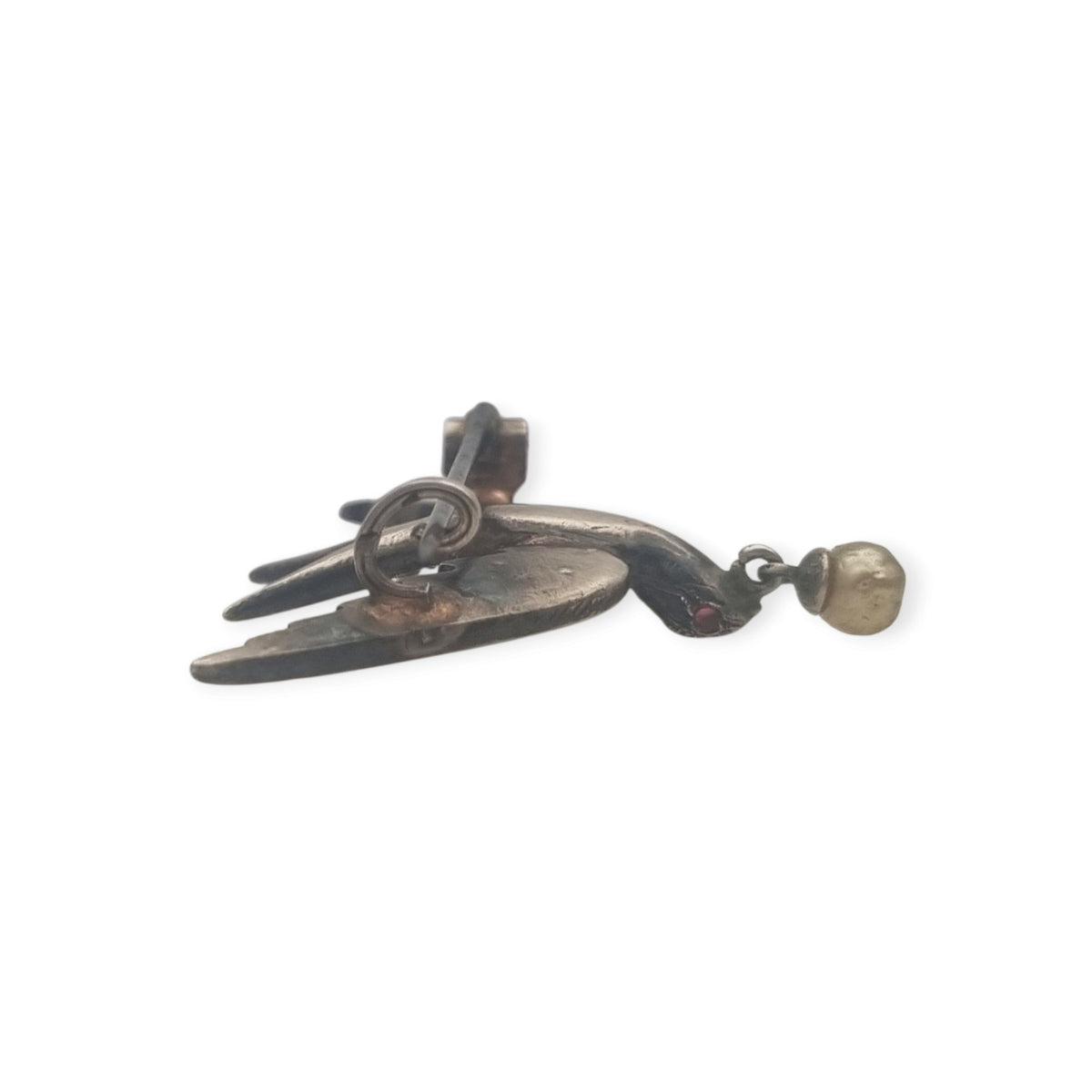 Antique Victorian Sentimental Silver Swallow Brooch with Paste and Pearl, circa 1900