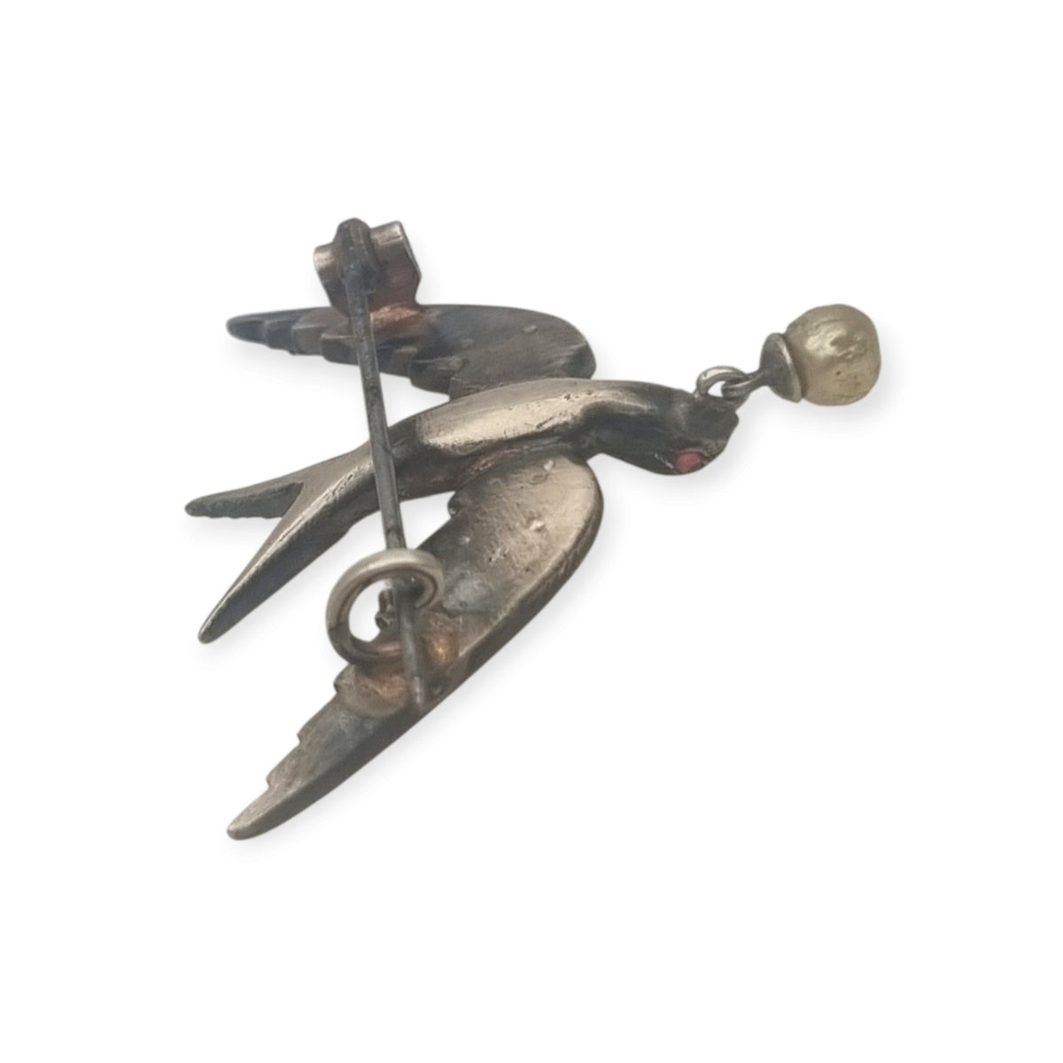 Antique Victorian Sentimental Silver Swallow Brooch with Paste and Pearl, circa 1900