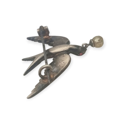 Antique Victorian Sentimental Silver Swallow Brooch with Paste and Pearl, circa 1900