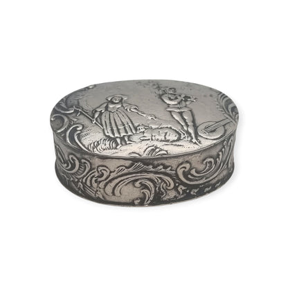 Antique Hanau silver historicist box with pastoral scene, Germany, circa 1900